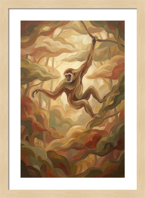 Gibbon Swinging Through Lush Canopy