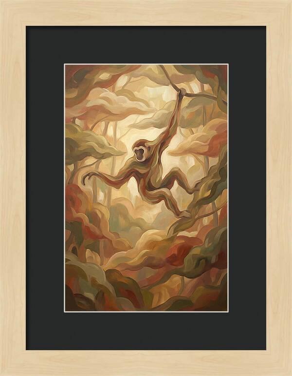 Gibbon Swinging Through Lush Canopy