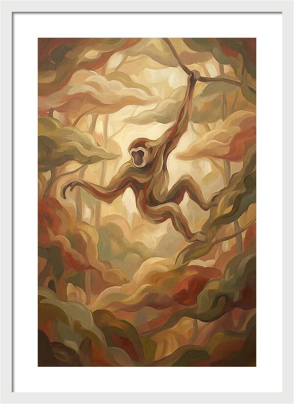 Gibbon Swinging Through Lush Canopy