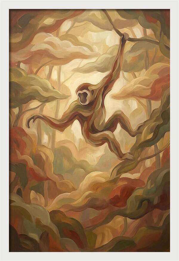 Gibbon Swinging Through Lush Canopy