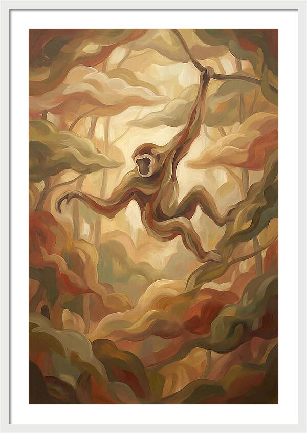 Gibbon Swinging Through Lush Canopy
