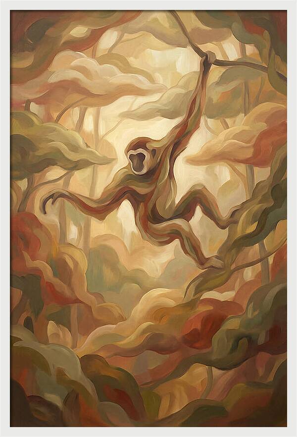 Gibbon Swinging Through Lush Canopy