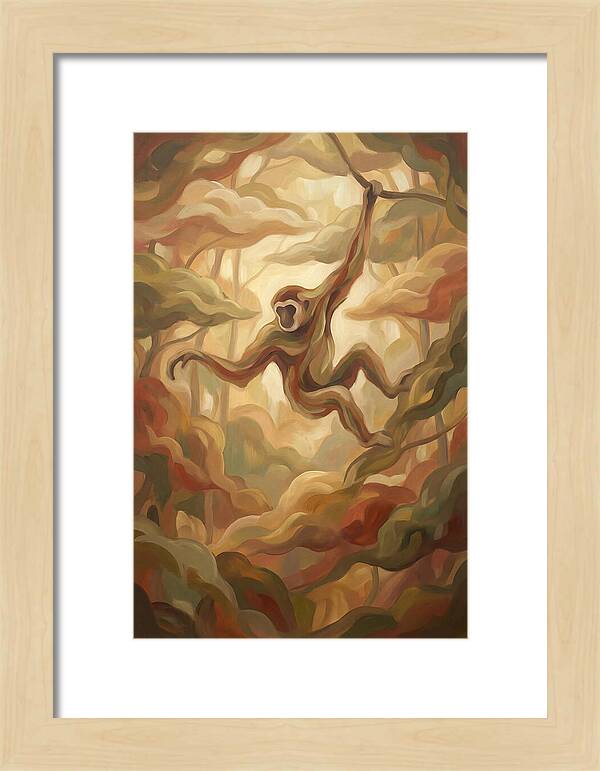 Gibbon Swinging Through Lush Canopy