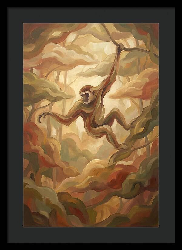 Gibbon Swinging Through Lush Canopy