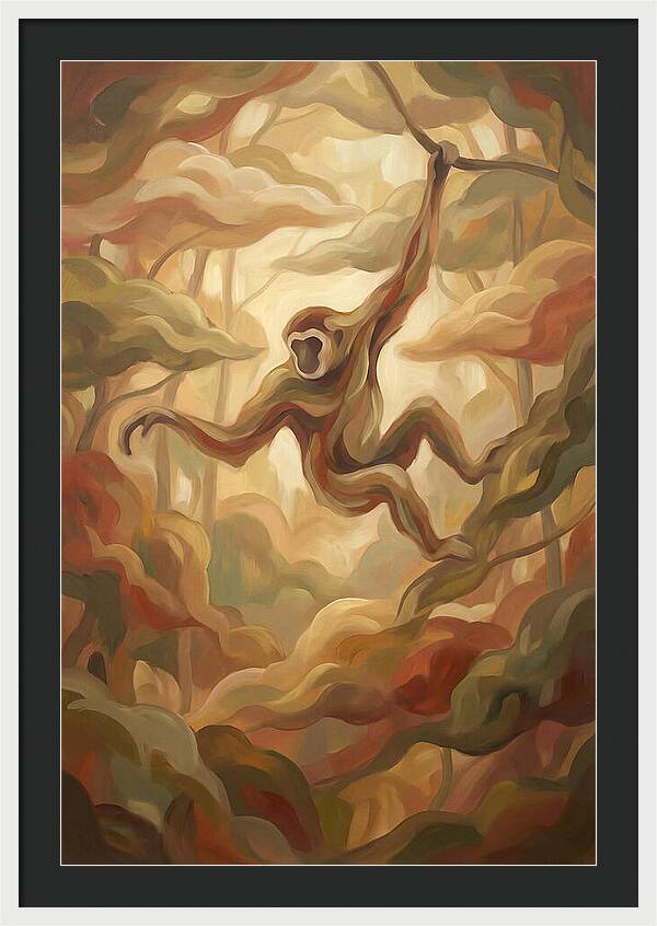 Gibbon Swinging Through Lush Canopy