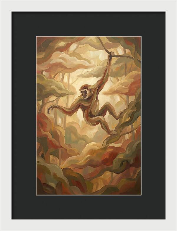 Gibbon Swinging Through Lush Canopy