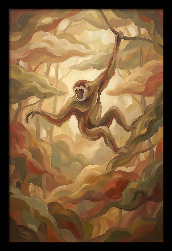 Gibbon Swinging Through Lush Canopy