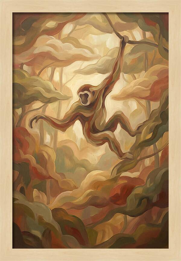 Gibbon Swinging Through Lush Canopy