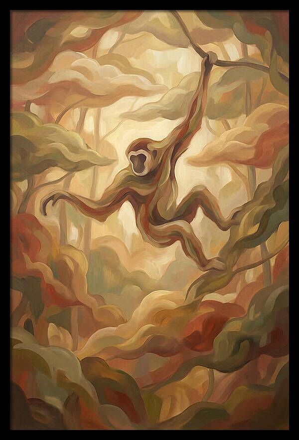 Gibbon Swinging Through Lush Canopy