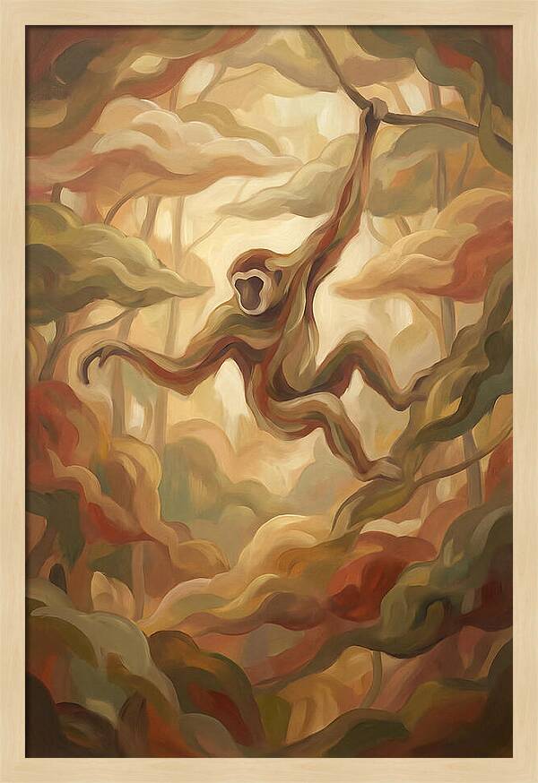 Gibbon Swinging Through Lush Canopy