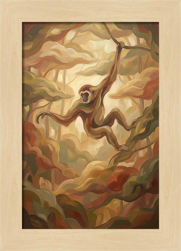 Gibbon Swinging Through Lush Canopy