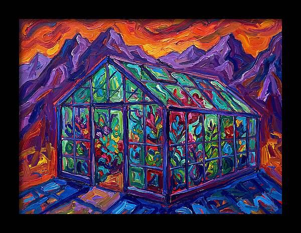 Glass Greenhouse Under Vibrant Skies