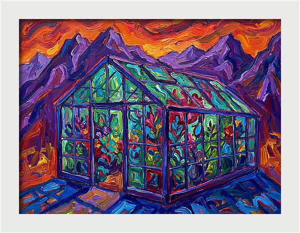 Glass Greenhouse Under Vibrant Skies