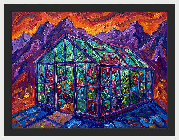 Glass Greenhouse Under Vibrant Skies