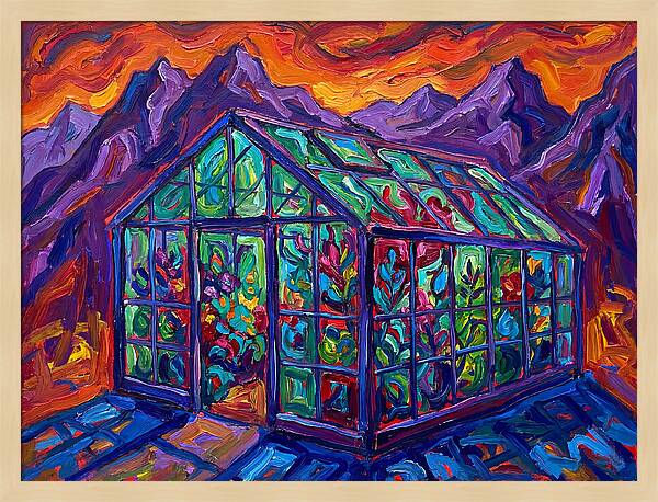 Glass Greenhouse Under Vibrant Skies