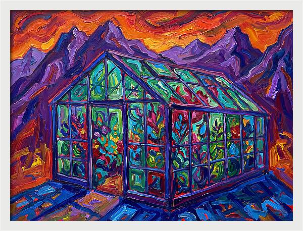 Glass Greenhouse Under Vibrant Skies