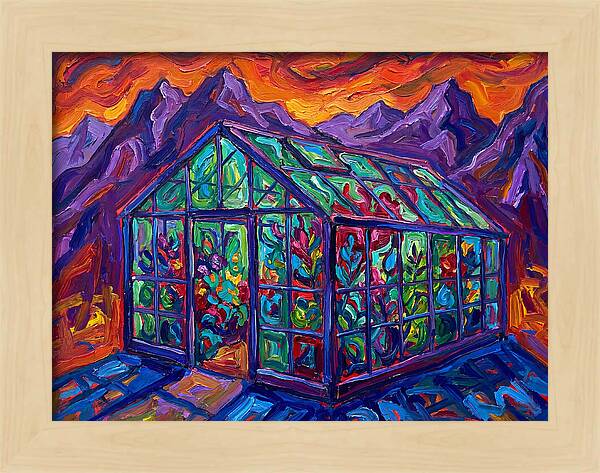 Glass Greenhouse Under Vibrant Skies