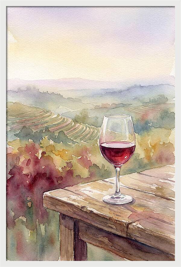 Glass Of Red Wine With Vineyard View