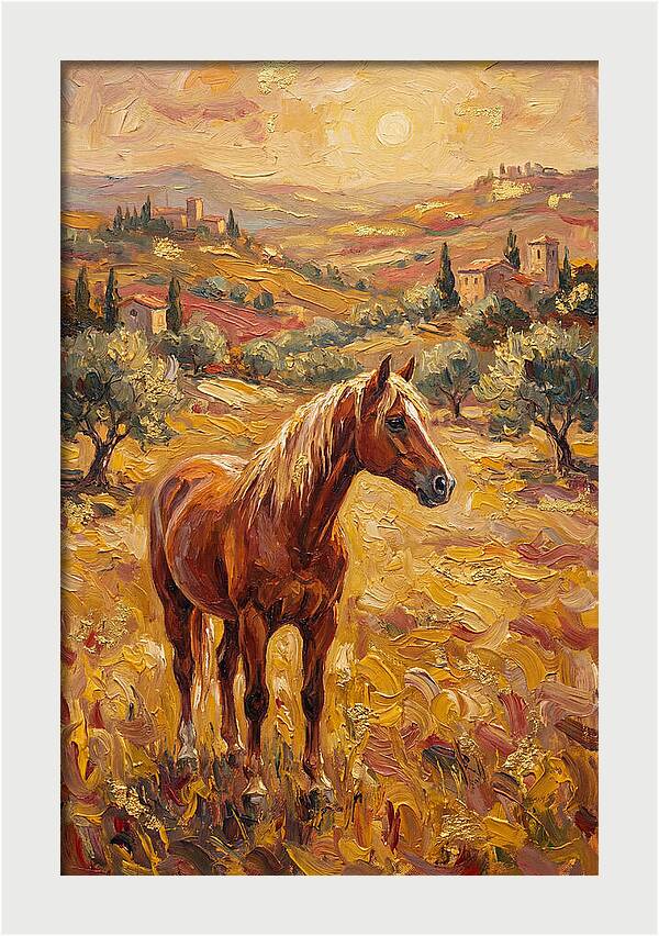 Golden Horse In Mediterranean Landscape