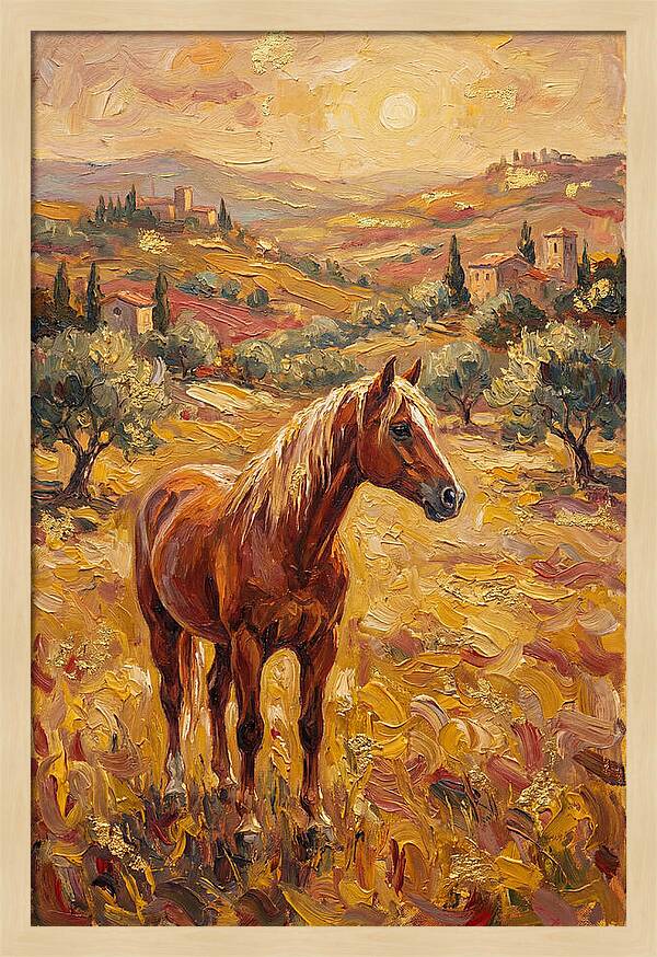 Golden Horse In Mediterranean Landscape