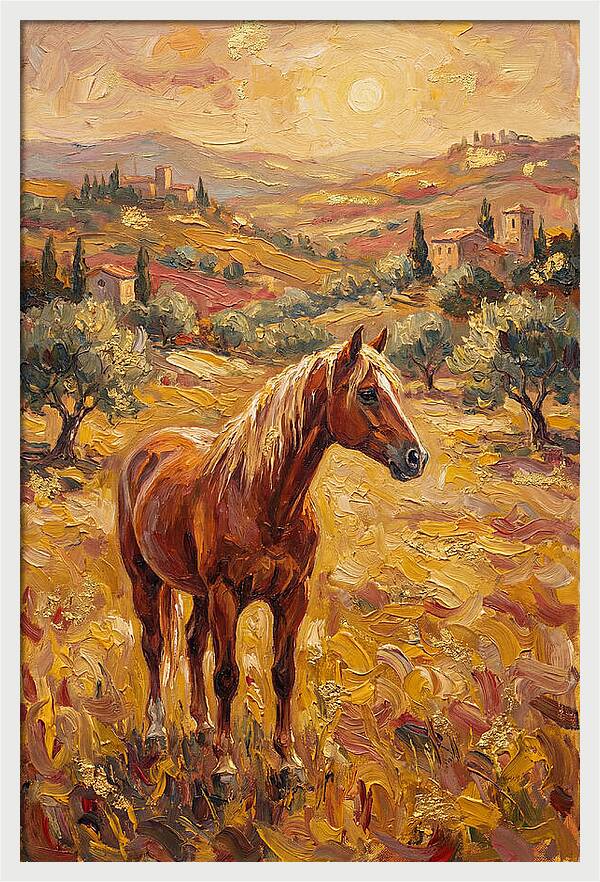 Golden Horse In Mediterranean Landscape
