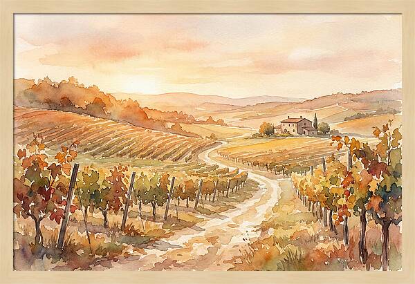 Golden Hour Light On Autumn Vineyard