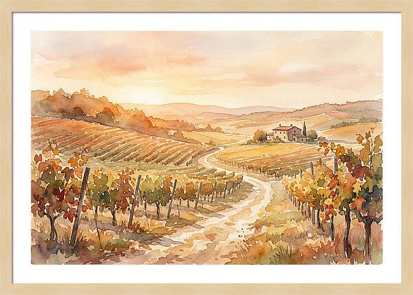 Golden Hour Light On Autumn Vineyard