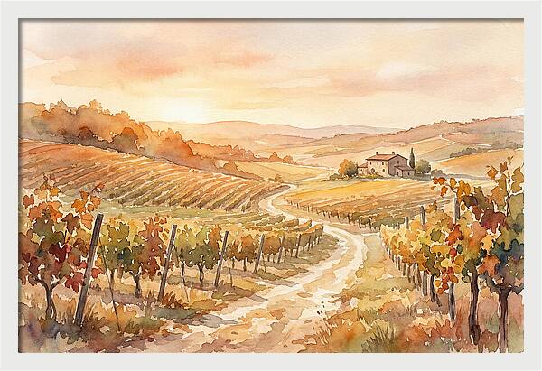 Golden Hour Light On Autumn Vineyard