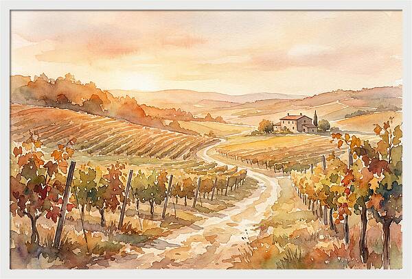 Golden Hour Light On Autumn Vineyard