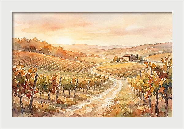 Golden Hour Light On Autumn Vineyard