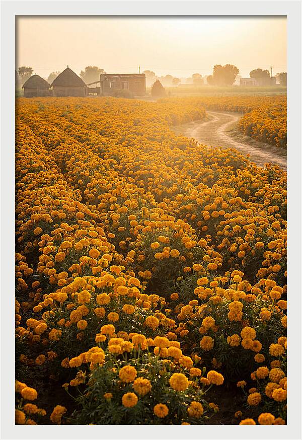 Golden Marigold Fields At Dawn