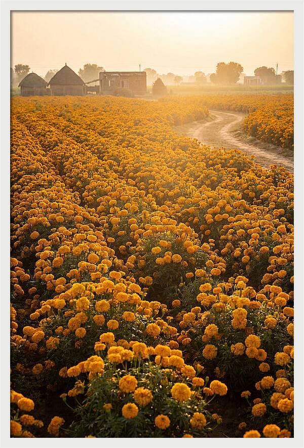 Golden Marigold Fields At Dawn