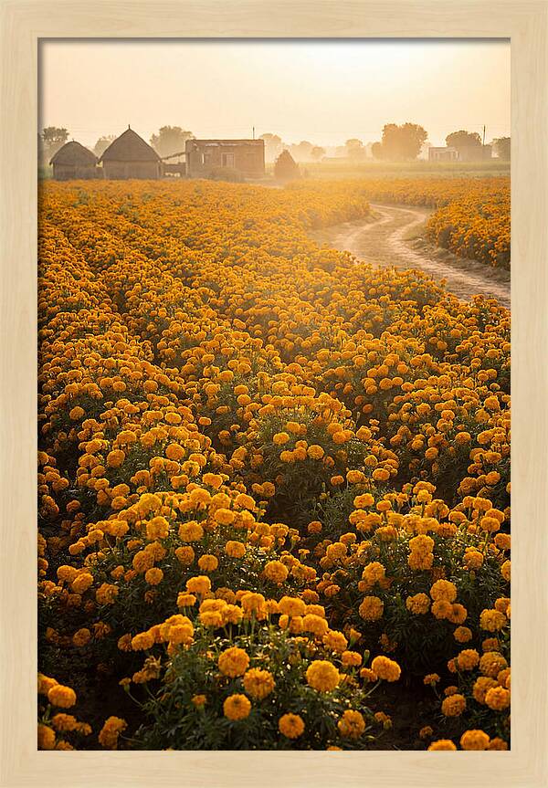 Golden Marigold Fields At Dawn