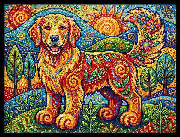 Golden Retriever In Vibrant Landscape