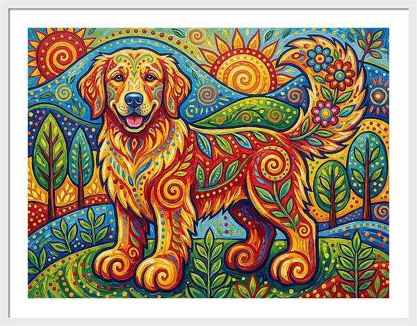 Golden Retriever In Vibrant Landscape