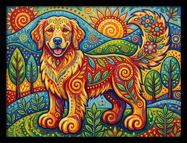 Golden Retriever In Vibrant Landscape