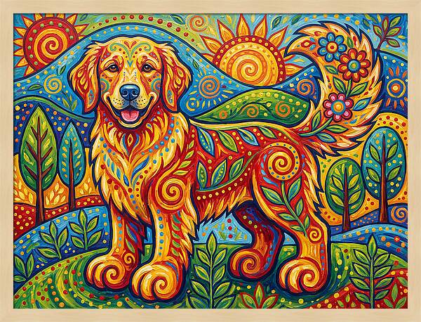 Golden Retriever In Vibrant Landscape