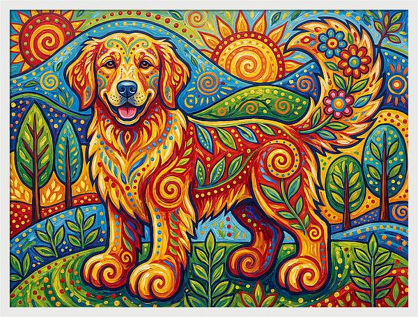 Golden Retriever In Vibrant Landscape