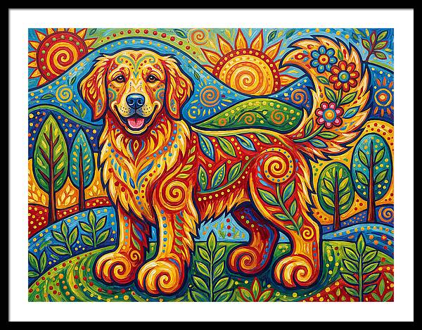 Golden Retriever In Vibrant Landscape