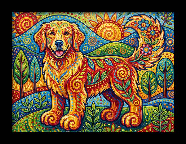 Golden Retriever In Vibrant Landscape