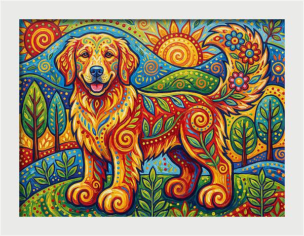 Golden Retriever In Vibrant Landscape