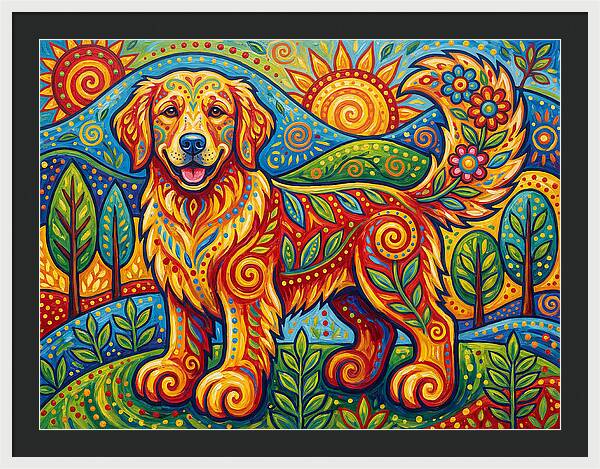 Golden Retriever In Vibrant Landscape