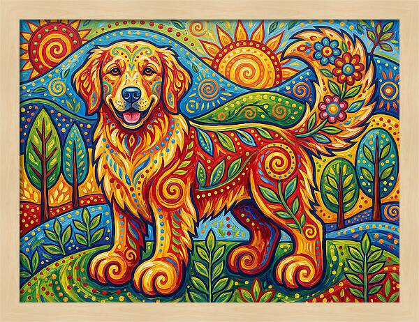 Golden Retriever In Vibrant Landscape