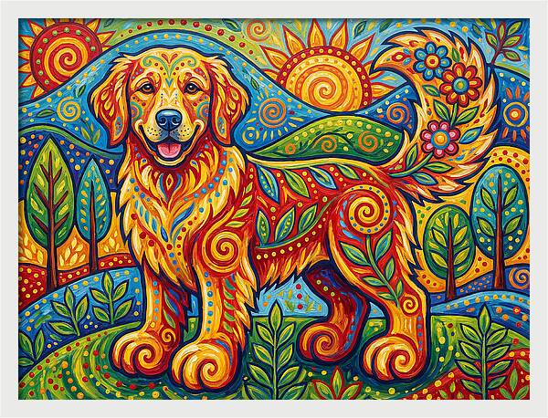 Golden Retriever In Vibrant Landscape
