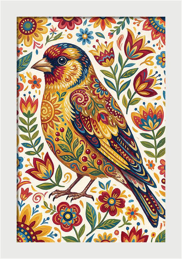 Goldfinch In Vibrant Folk Art