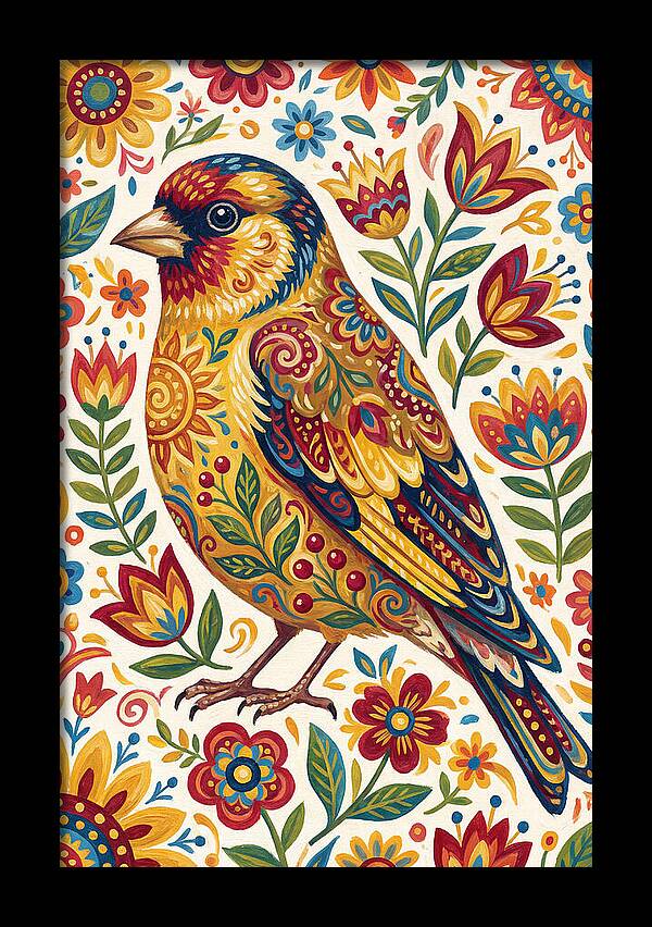 Goldfinch In Vibrant Folk Art