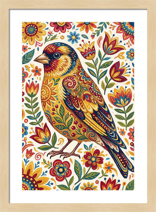 Goldfinch In Vibrant Folk Art