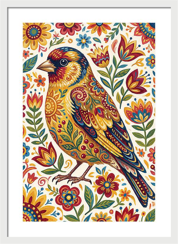 Goldfinch In Vibrant Folk Art