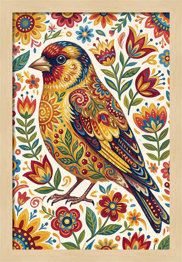 Goldfinch In Vibrant Folk Art