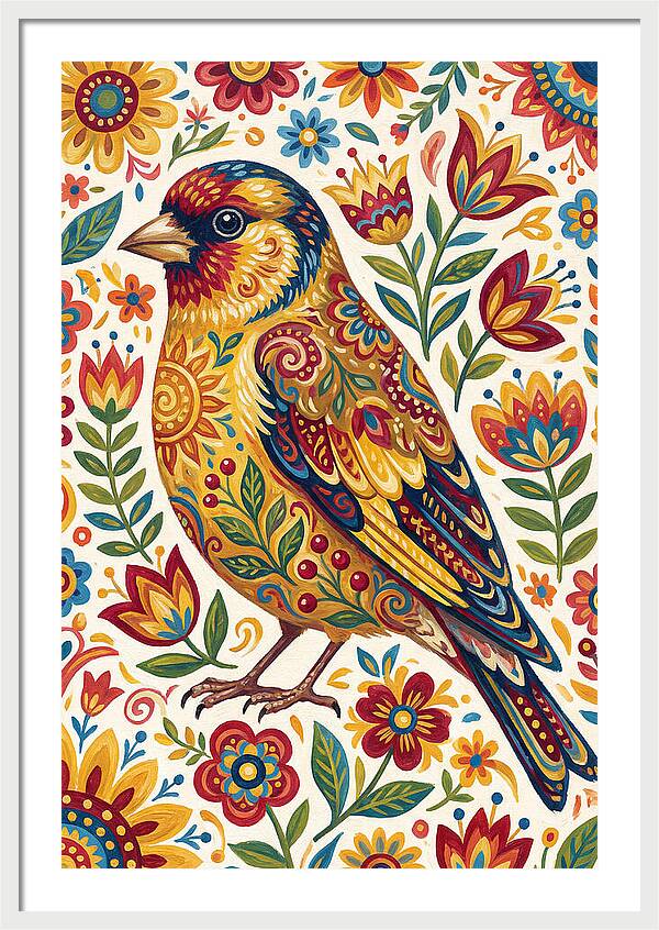 Goldfinch In Vibrant Folk Art